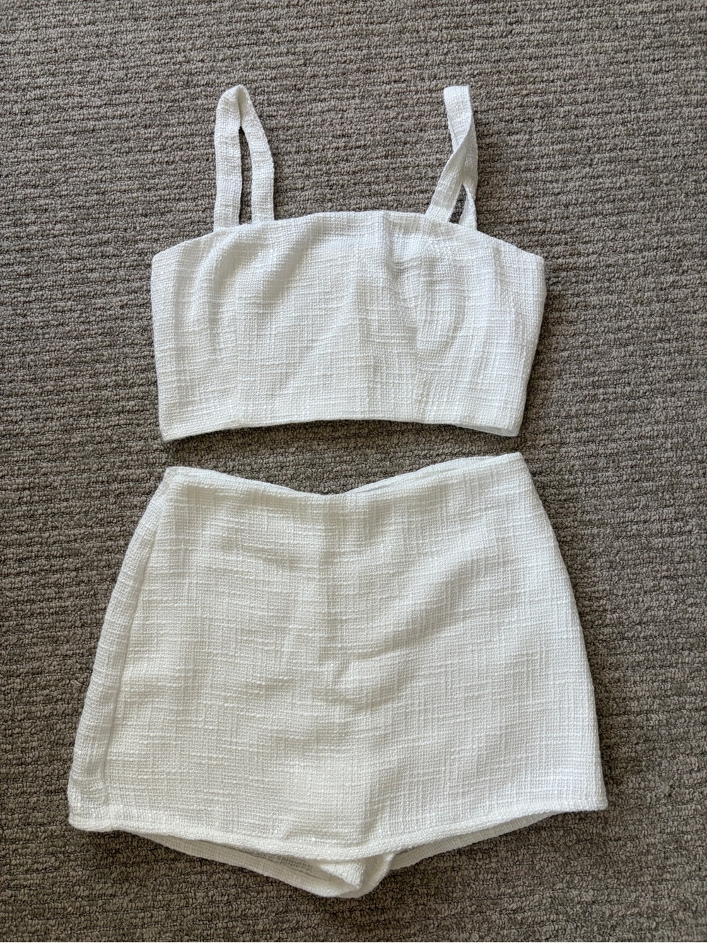 Lulu's White Textured Two-Piece Crop Top & Mini Skirt Set
